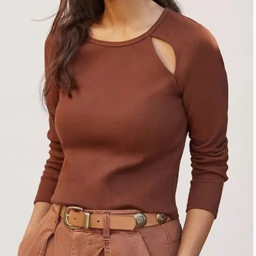 Anthropologie Neutral Brown Minimalist Ribbed Cut Out Long Sleeve Top Small